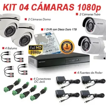 CCTV-4/8 KIT de CCTV 8CH 1TB “HIKVISION” PREMIUM FULL HD 1080p con 4 cámaras 1080P y DVR de 8 canales tiempo real 1080P