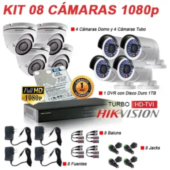 KIT de CCTV 16CH 2TB “HIKVISION” PREMIUM FULL HD 1080P con 8 cámaras 1080P y DVR de 16 canales tiempo real 1080P