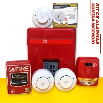 KIT DE ALARMA CONTRA INCENDIO CENTRALIZADO LINEA PRO  CON PANEL 4 ZONAS + 6 DISPOSITIVOS LIFE +  BATERIA: