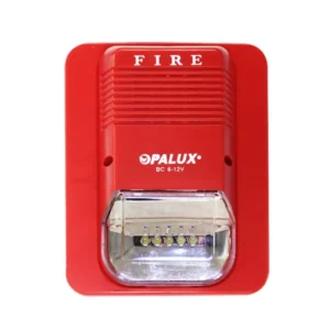 Sirena contra incendio con estrobo LED 6v-24v “Opalux” color rojo FIRE para sistemas de alarmas contra incendio centralizados