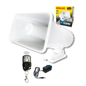 SIRENA BLANCA "OPALUX" 9-15VDC 60W / ALARMA COMUNITARIA CON CONTROL /  3TONOS / ADAPTADOR 100-240V  12V 2AMP. / 2 CONEXIONES DE SONIDO